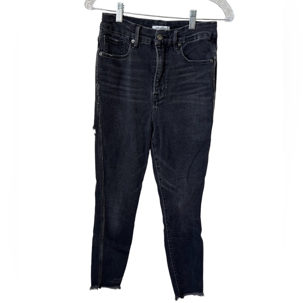 Good American Good Curve Black Jeans With Raw Hem & Distressed Size 6/28